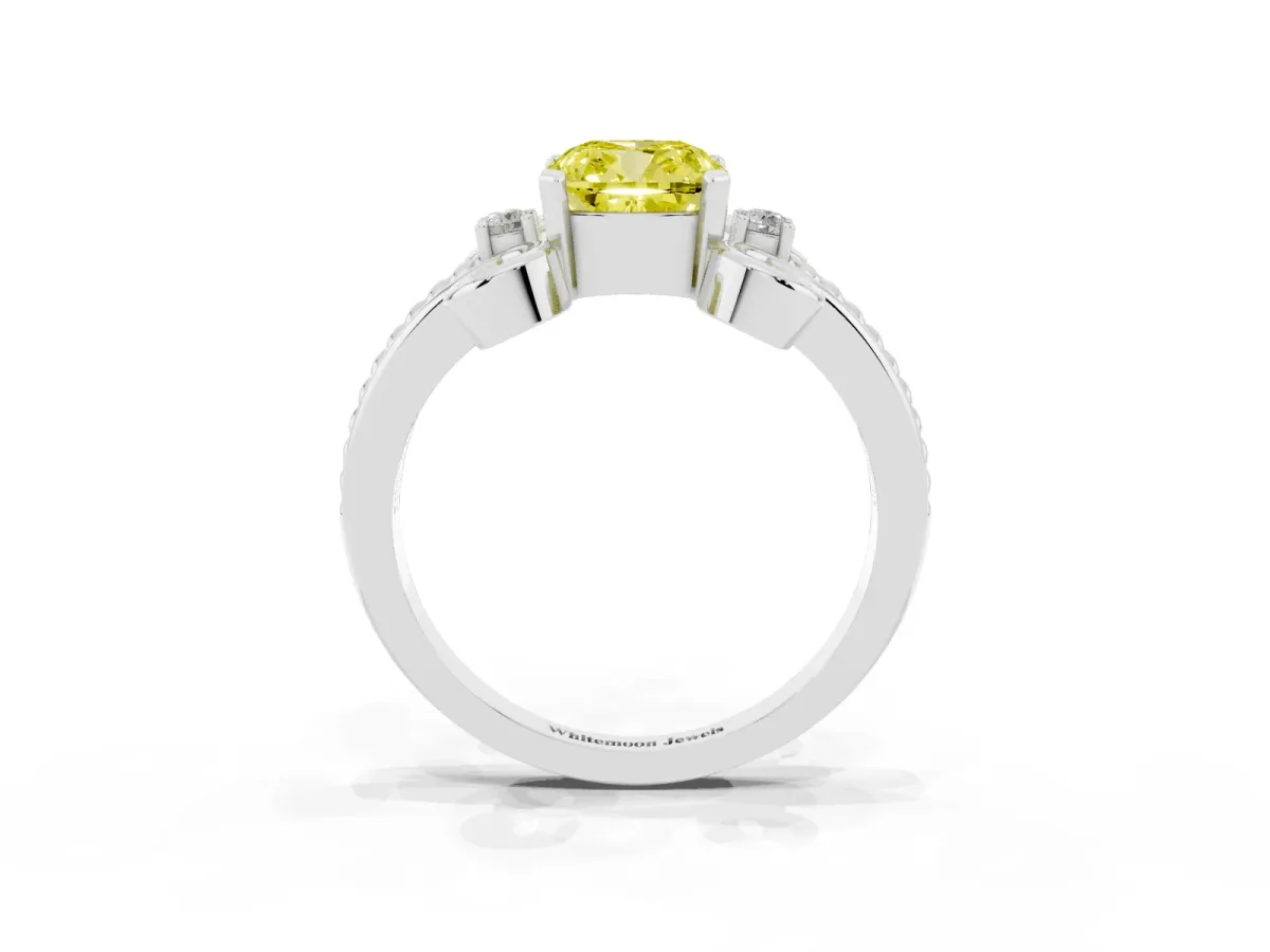 Fancy Yellow Cushion Cut Solitaire Twisted Band Scroll Prong Ring Platinum