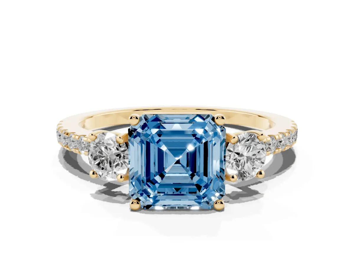 Fancy Blue Three-Stone Asscher Cut Cut Diamond Pavé Band with Prong Setting Yellow gold