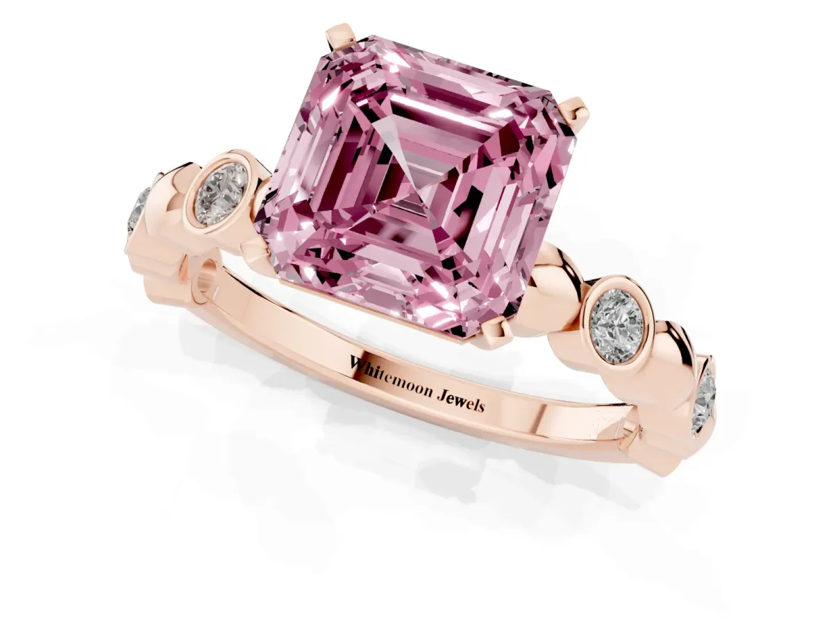Fancy Pink Asscher Cut Solitaire Bezel-Set Diamond Ring with Beaded Band and Four-Prong Setting Rose gold