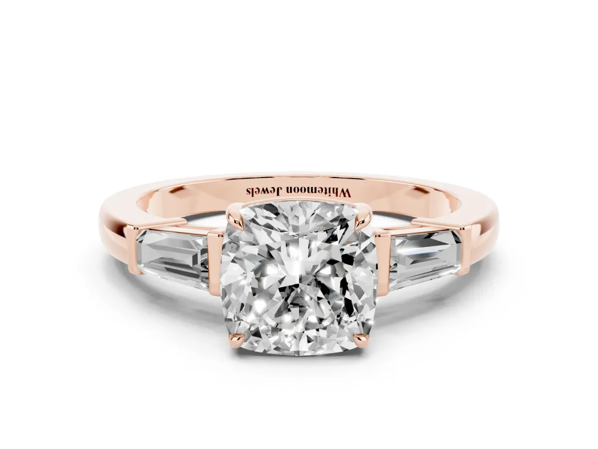 Cushion Cut Diamond Three-Stone Ring with Tapered Baguette Side Stones and Prong Setting Rose gold