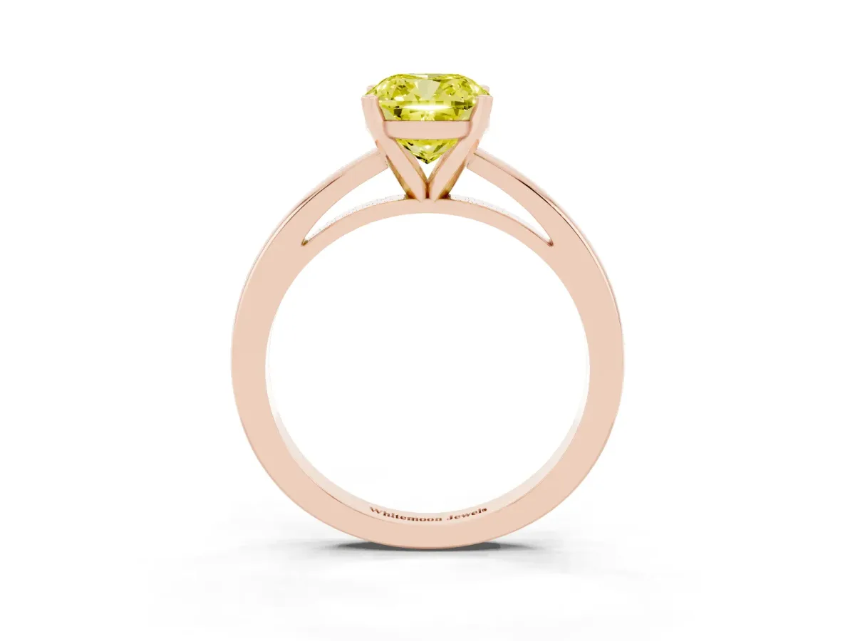 Fancy Yellow Cushion Cut Solitaire Diamond Engagement Ring with Four-Prong Setting on a Classic Band Rose gold