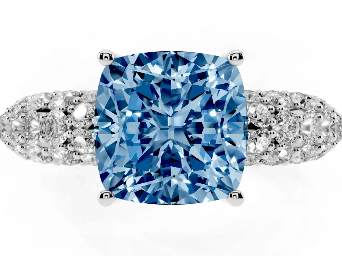 Fancy Blue Cushion Cut Diamond Pavé Band Solitaire Ring with Four-Prong Setting White gold