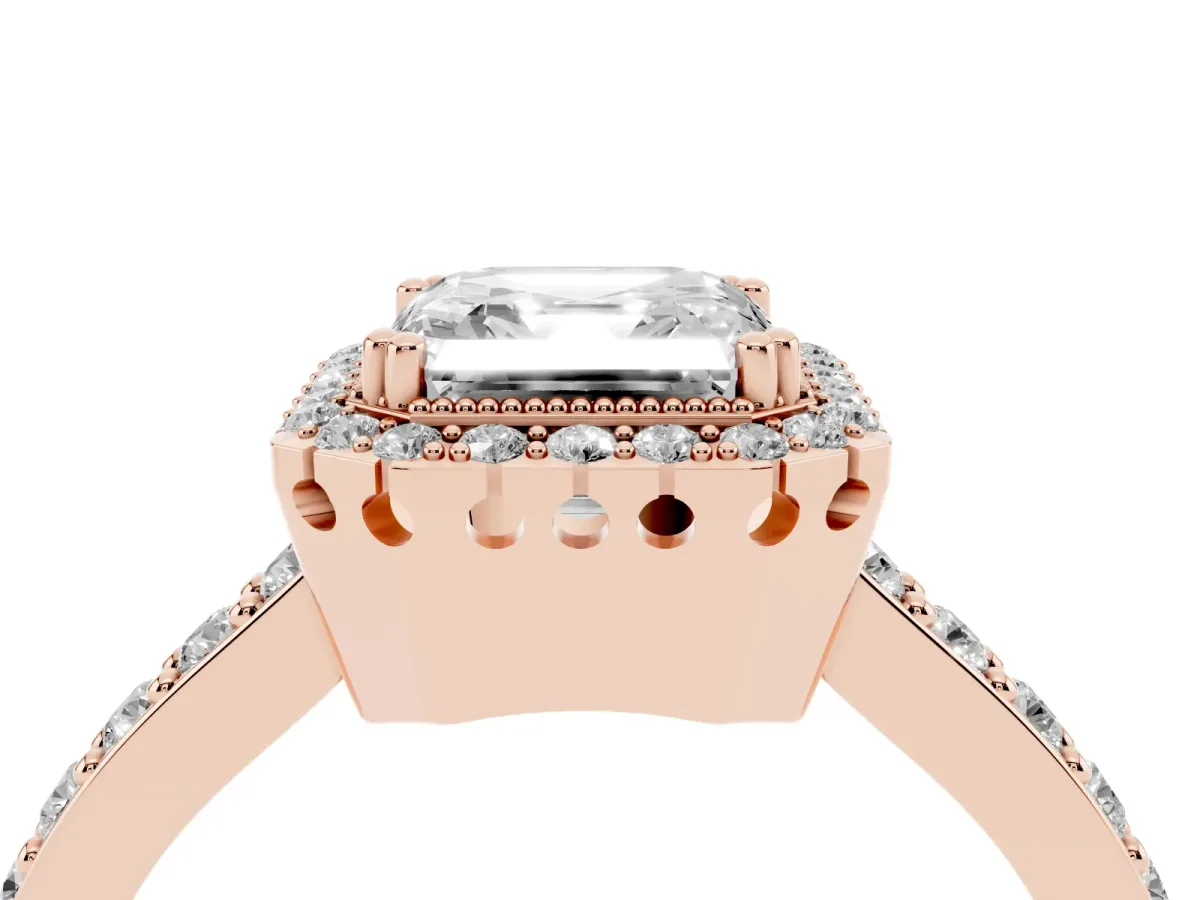 Asscher Cut Cut Diamond Halo Engagement Ring with Milgrain Detail and Pavé Band Rose gold