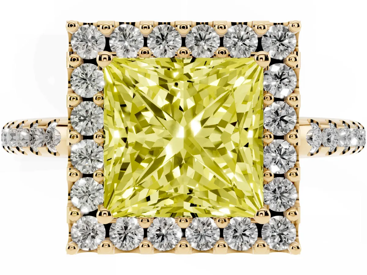 Fancy Yellow Princess Cut Diamond Pavé Halo Ring with Four-Prong Setting Yellow gold
