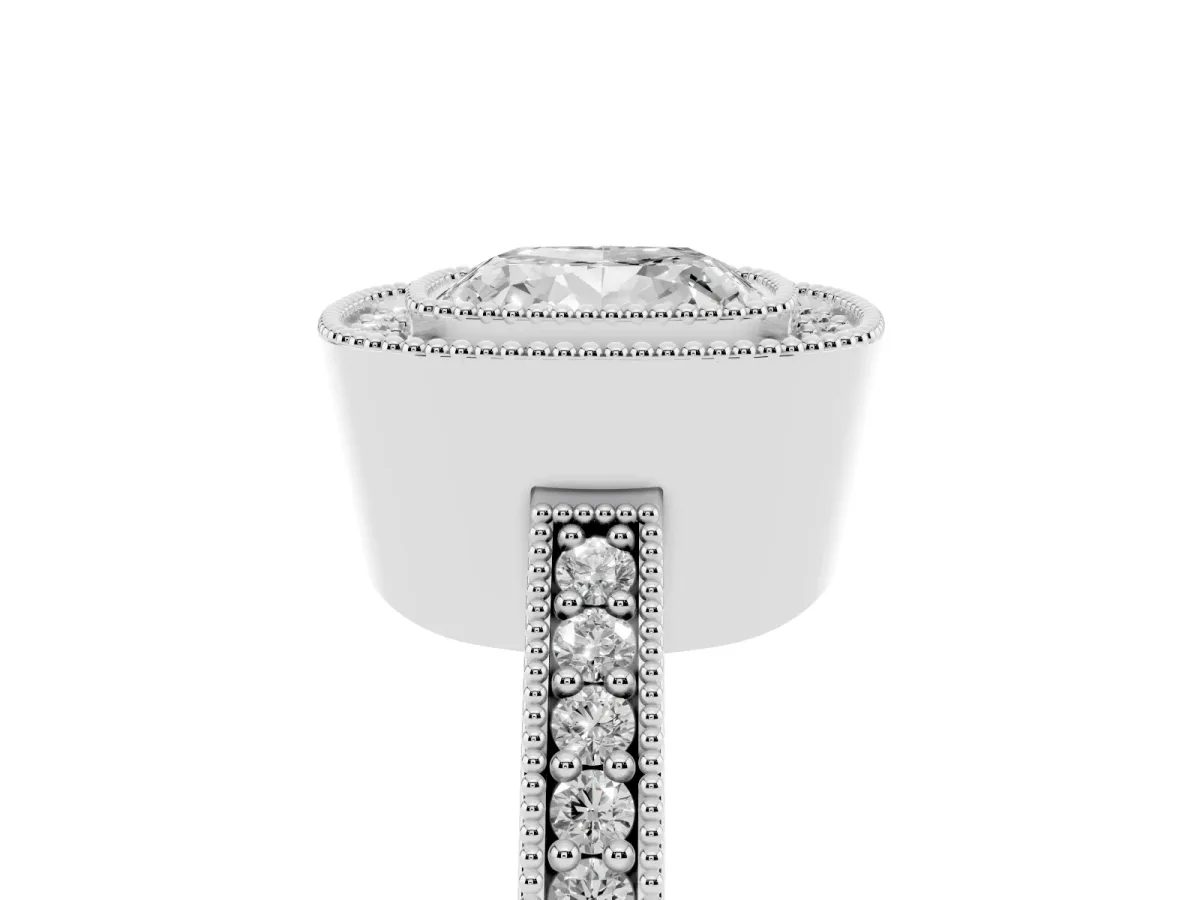 Cushion Cut-Cut Diamond Halo Engagement Ring with Pave Band and Prong Setting Platinum