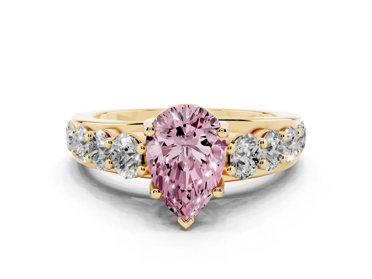 Fancy Pink Pear Cut Diamond Engagement Ring with Pavé Band and Four-Prong Setting Yellow gold