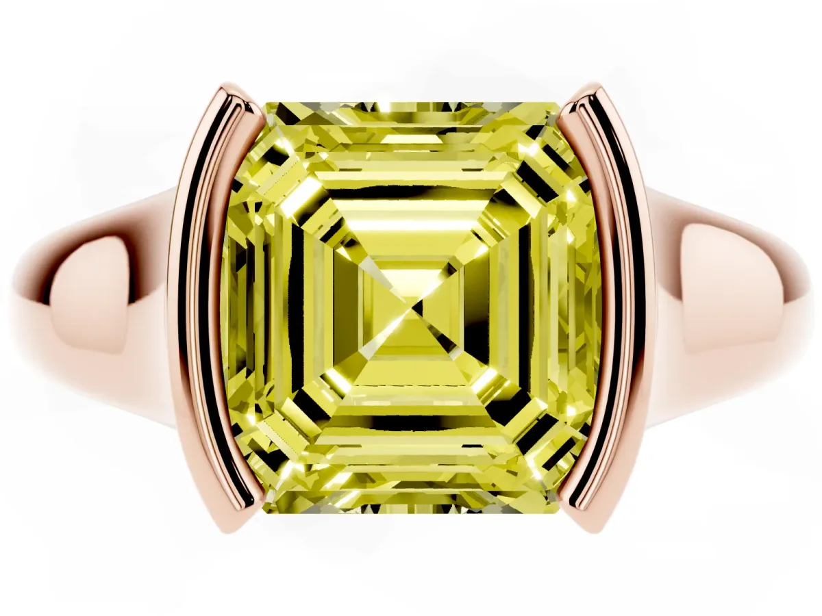 Fancy Yellow Asscher Cut Solitaire Tension Set Diamond Ring with Split Shank Band Rose gold
