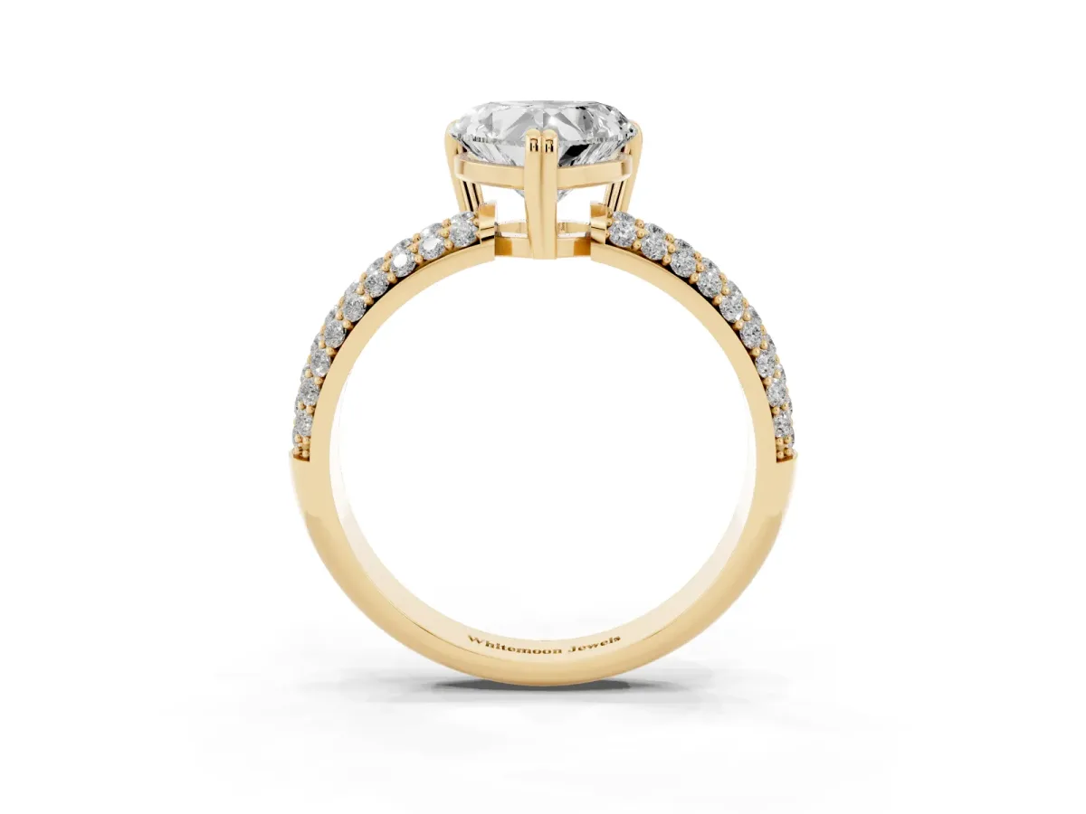 Heart Cut Diamond Solitaire Ring with Multi-Row Round Pavé Band and Prong Setting Yellow gold