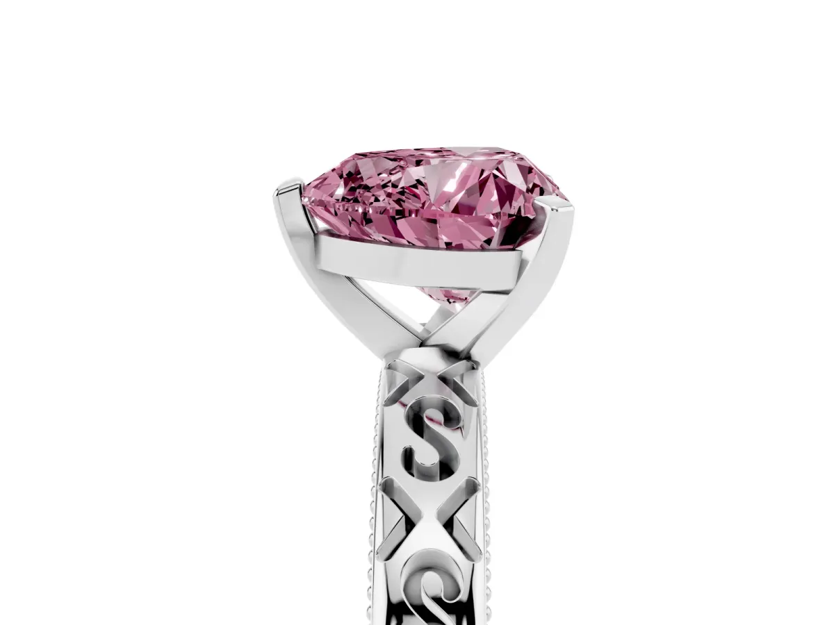 Fancy Pink Heart Cut Solitaire Engagement Ring with Scrollwork Band and Four-Prong Setting Platinum