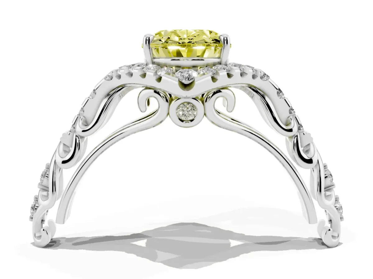 Fancy Yellow Oval Cut Diamond Solitaire Ring with Hidden Halo and Pavé Band Silver
