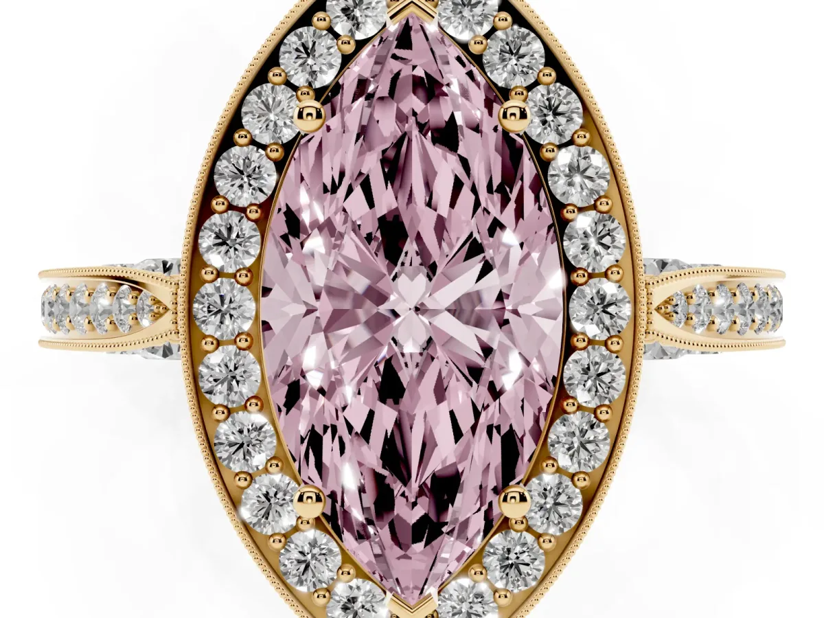 Fancy Pink Marquise Cut Halo Diamond Engagement Ring with Split Shank Band and Four-Prong Setting Yellow gold