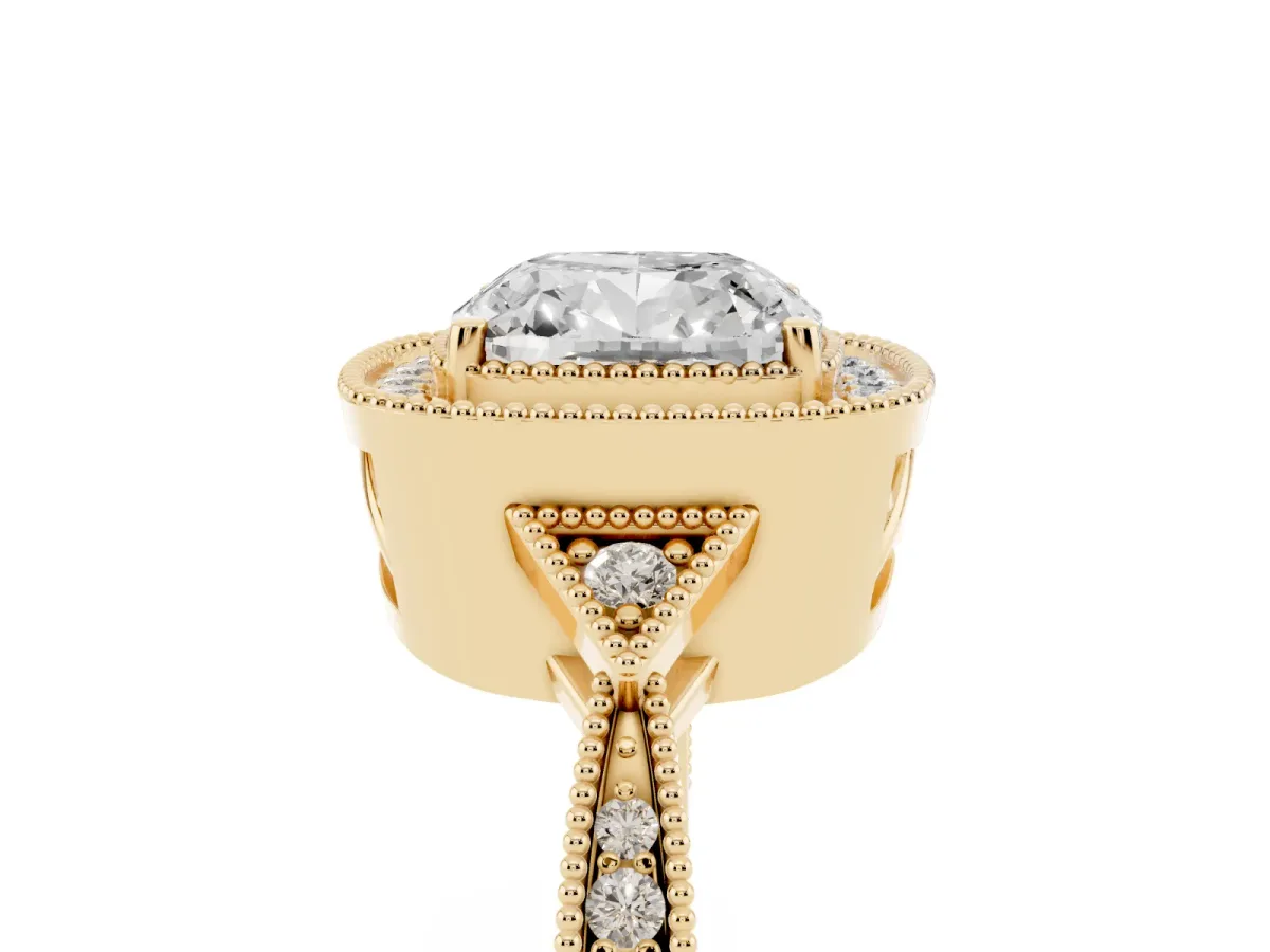 Cushion Cut Halo Round Diamond Milgrain Pave Engagement Ring Yellow gold