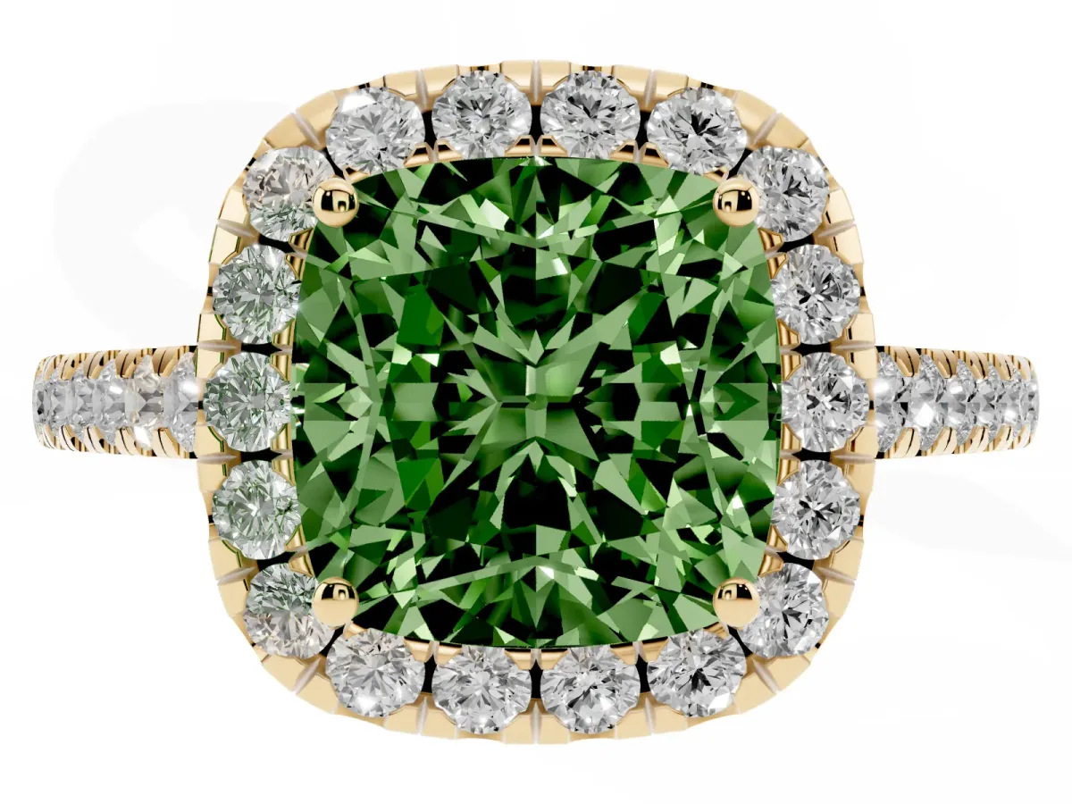 Fancy Green Cushion Cut Halo Pave Diamond Engagement Ring with Four-Prong Setting Yellow gold
