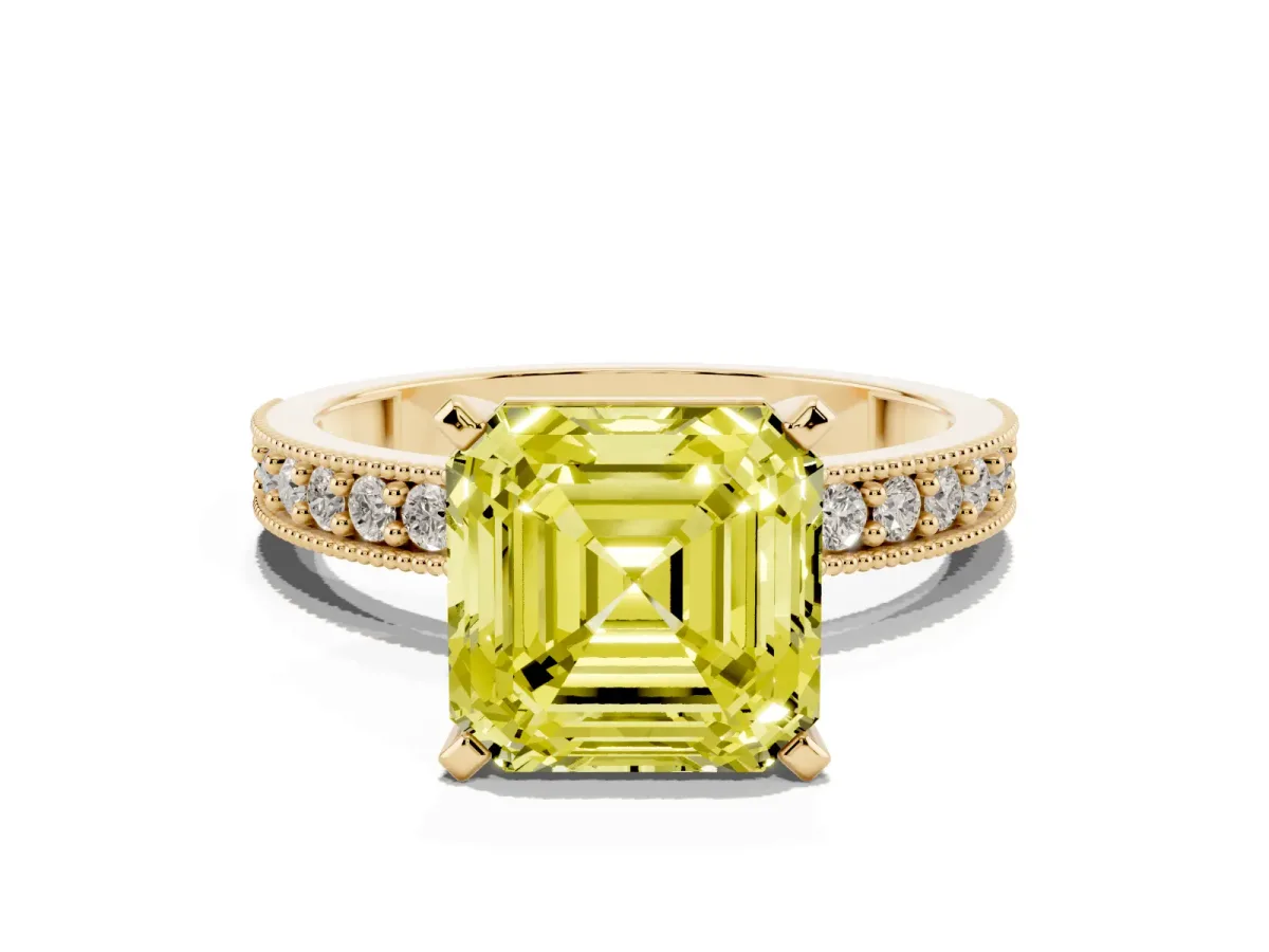 Fancy Yellow Asscher Cut Diamond Milgrain Pavé Engagement Ring with Four-Prong Setting Yellow gold