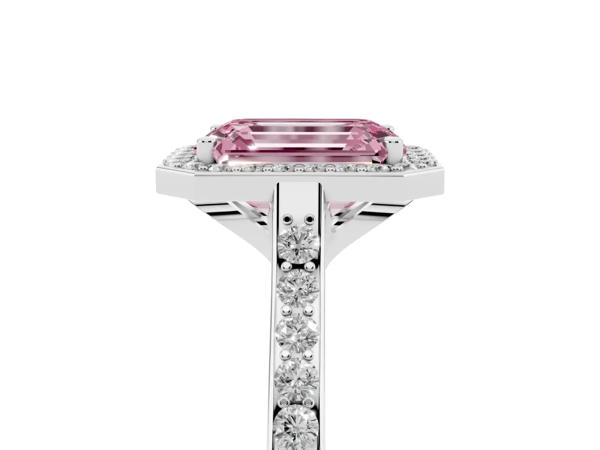 Fancy Pink Emerald Cut Diamond Halo Engagement Ring with Round Pavé Shoulders and Prong Setting White gold