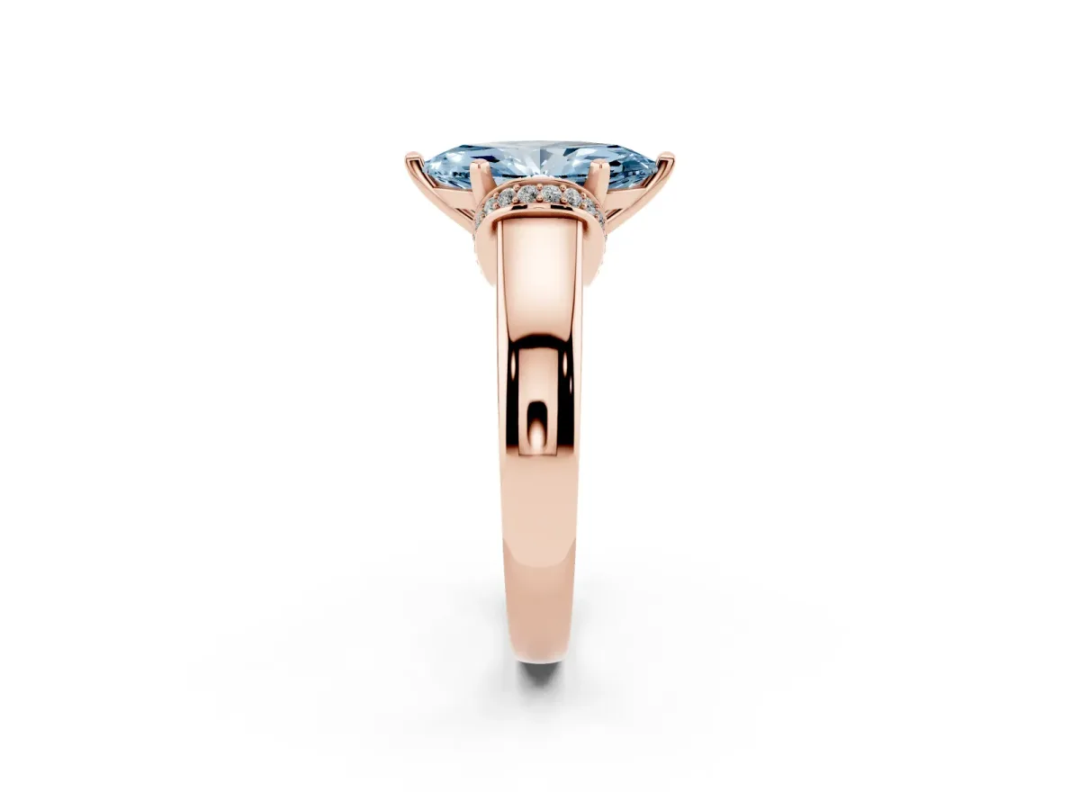 Fancy Blue Marquise Cut Solitaire Diamond Ring with Pave Band and Six-Prong Setting Rose gold