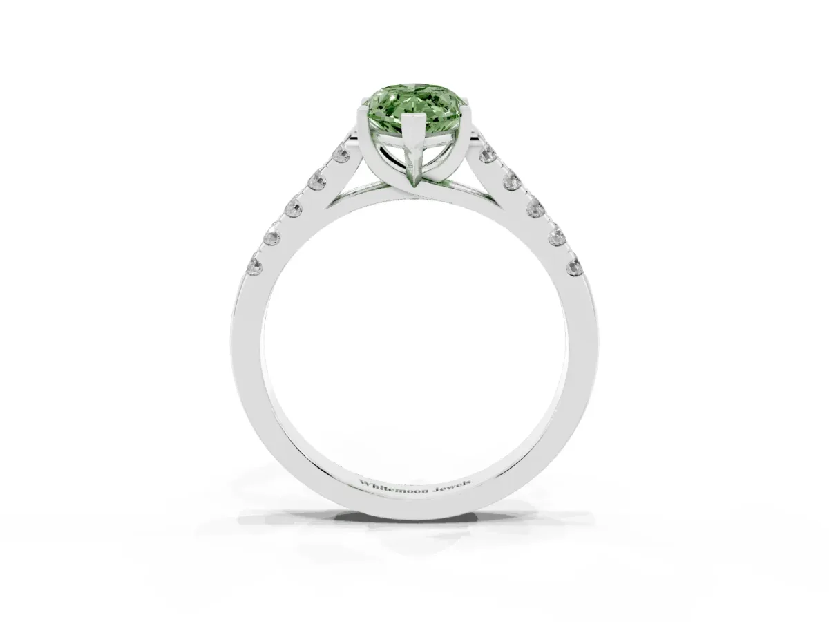 Fancy Green Marquise Cut Diamond Pavé Band Solitaire Ring with Prong Setting Silver