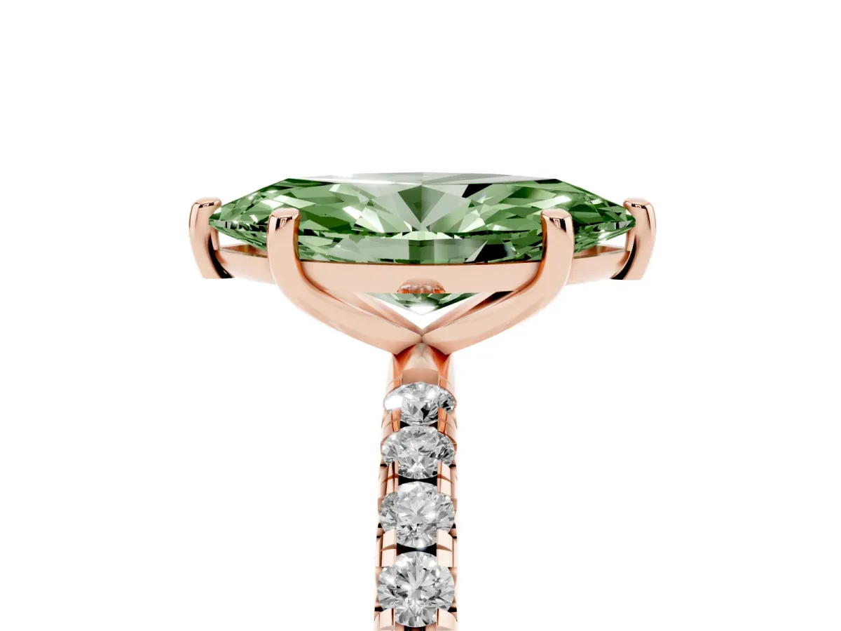Fancy Green Marquise Cut Cut Diamond Solitaire Ring with Micro Pave Band and Four Prong Setting Rose gold