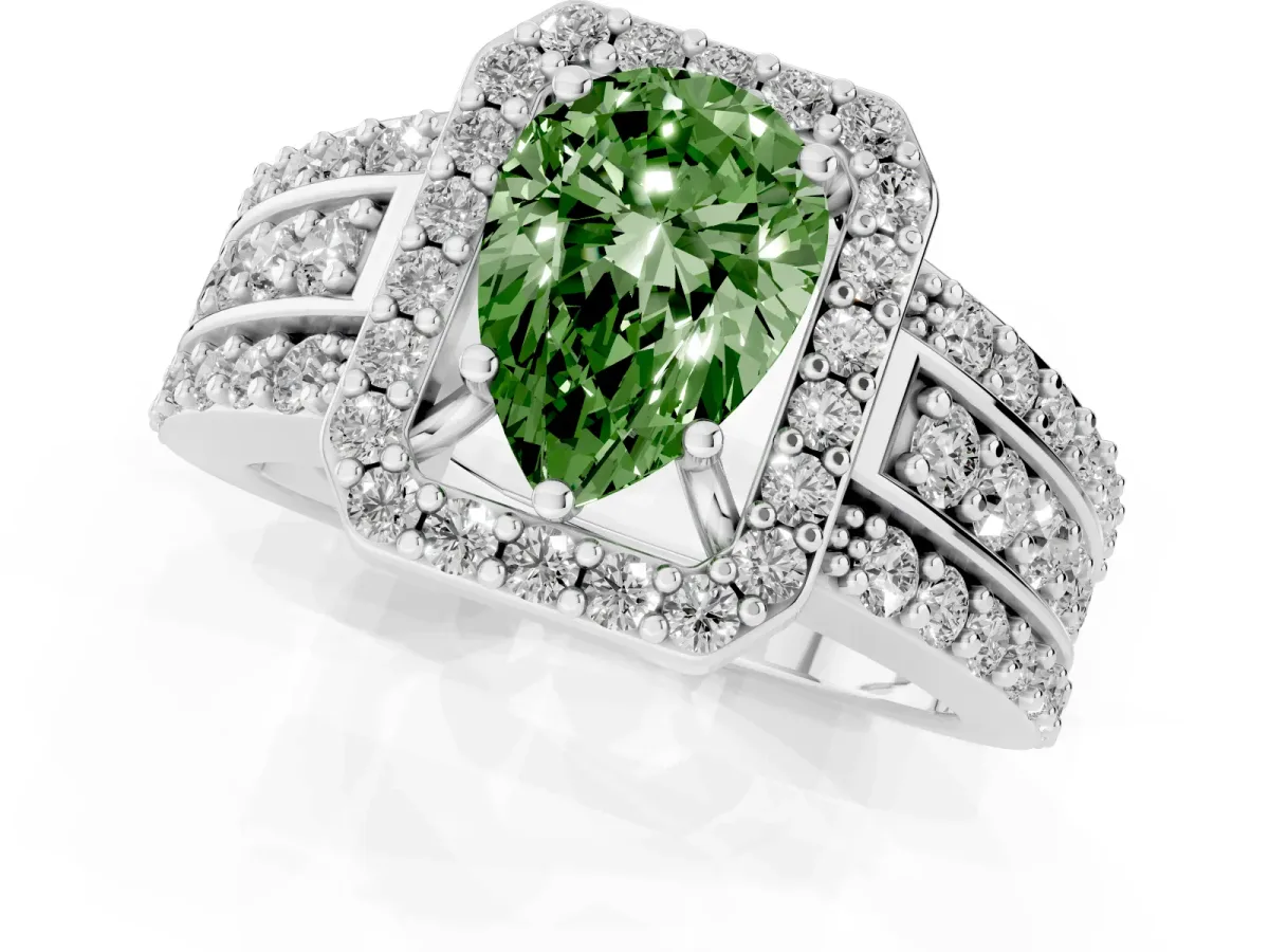 Fancy Green Pear Cut Halo Diamond Ring with Round Split Shank and Prong Setting Platinum