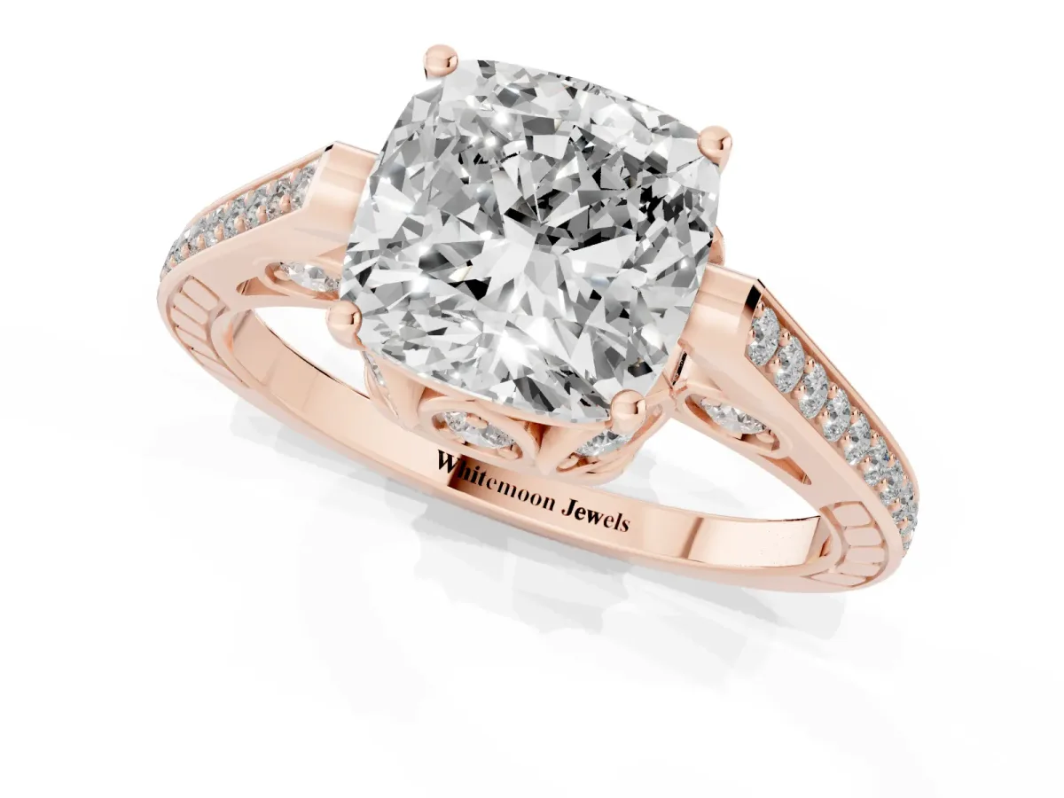 Cushion Cut Cut Cathedral Pave Diamond Engagement Ring with Six-Prong Setting Rose gold