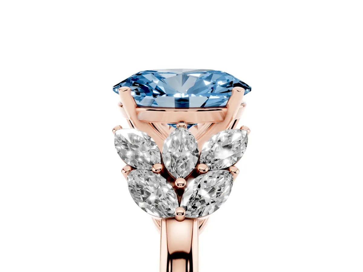 Fancy Blue Oval Cut Diamond Cluster Leaf Design Ring with Prong Setting Rose gold
