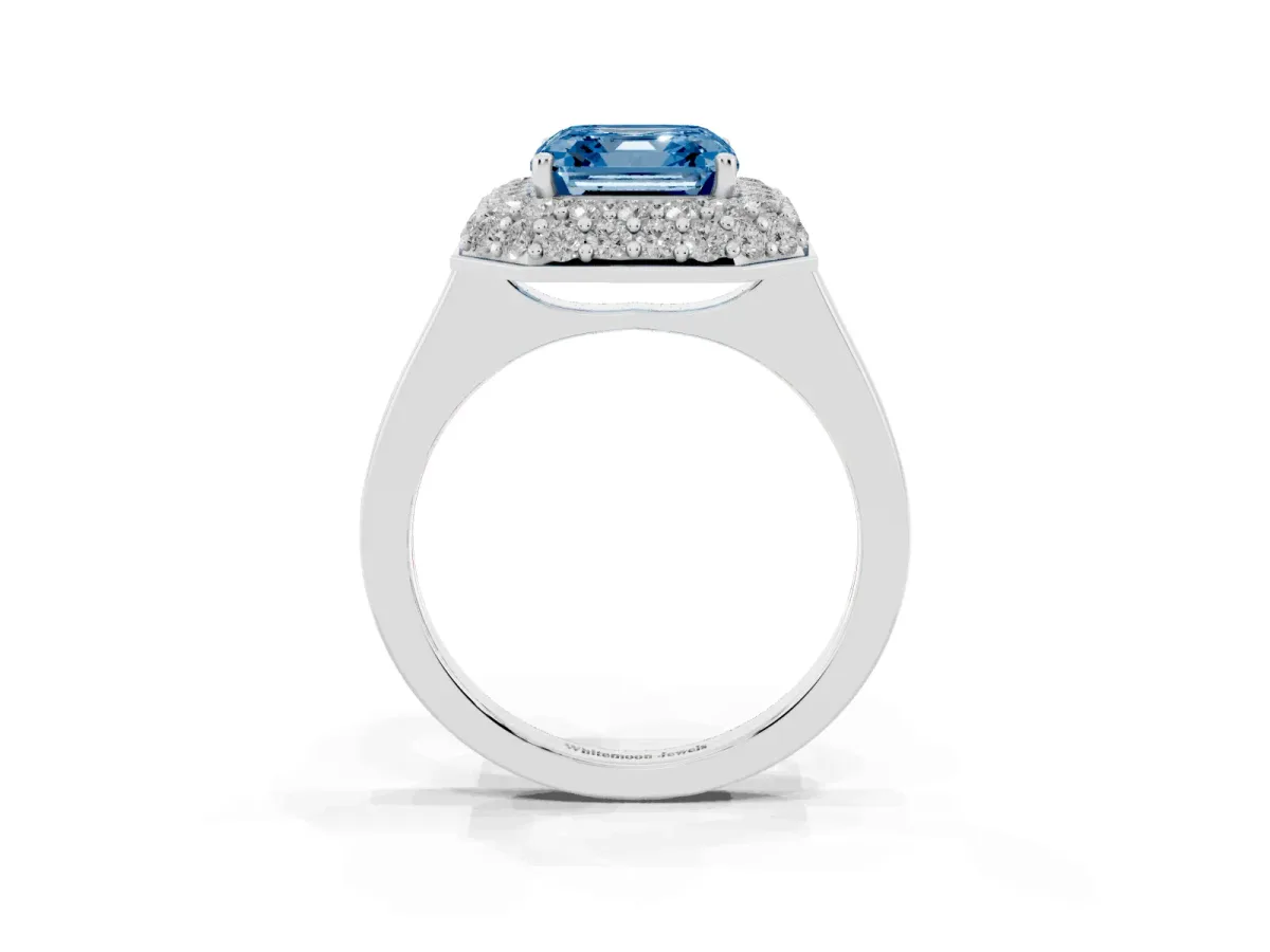 Fancy Blue Asscher Cut Halo Diamond Engagement Ring with Solitaire Band and Four-Prong Setting Platinum