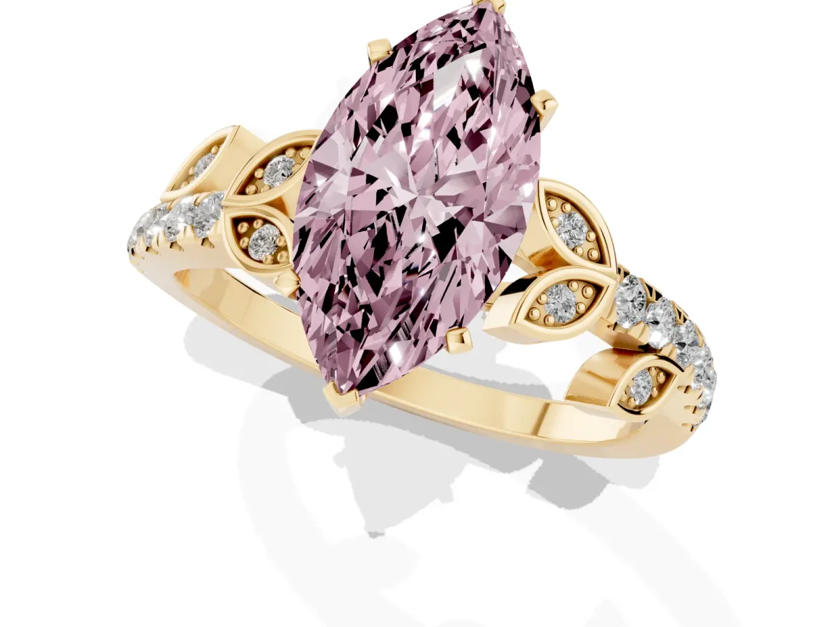 Fancy Pink Marquise Cut Solitaire Leaf-Inspired Diamond Ring with Pavé Band and Four-Prong Setting Yellow gold