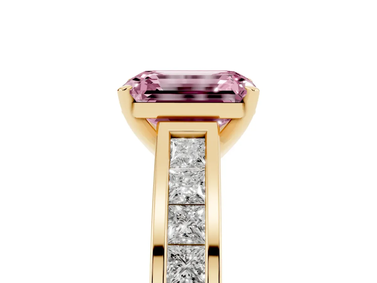 Fancy Pink Emerald Cut Solitaire Diamond Ring with Channel-Set Band and Four-Prong Setting Yellow gold