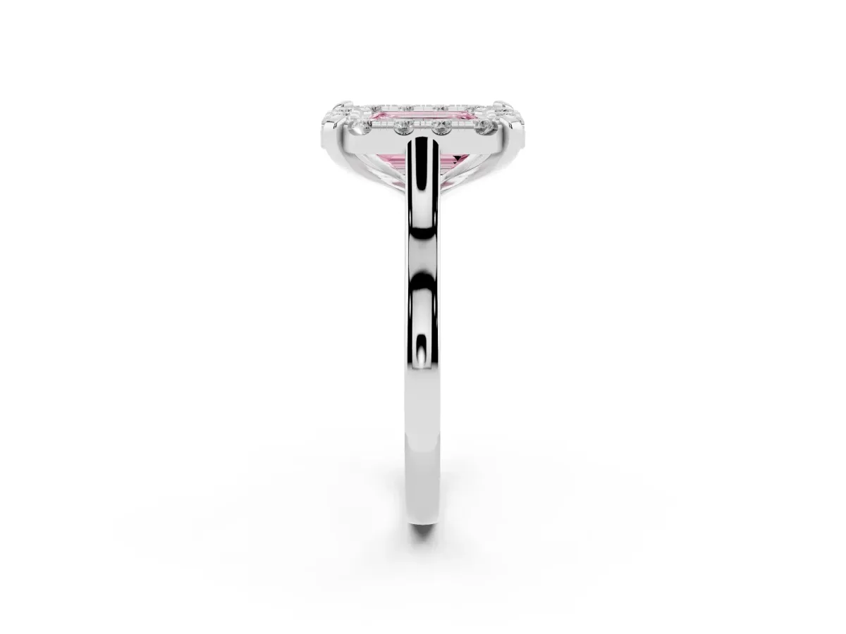 Fancy Pink Emerald Cut Diamond Cluster Halo Solitaire with Four-Prong Setting Silver