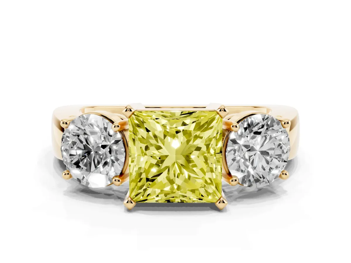 Fancy Yellow Three-Stone Princess Cut Diamond Ring with Round Side Stones, Classic Band, and Four-Prong Setting Yellow gold