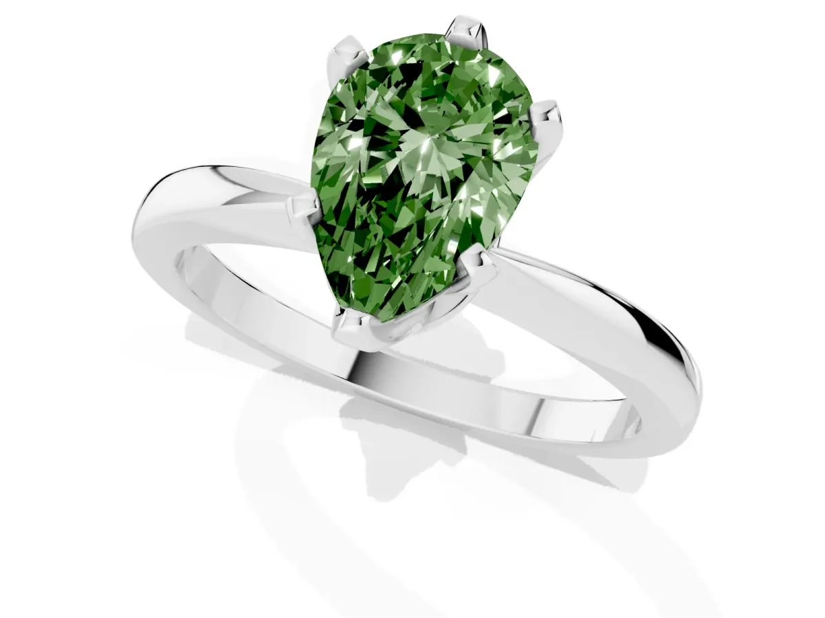 Fancy Green Pear Cut Solitaire Engagement Ring with Six-Prong Setting and Tapered Band Silver