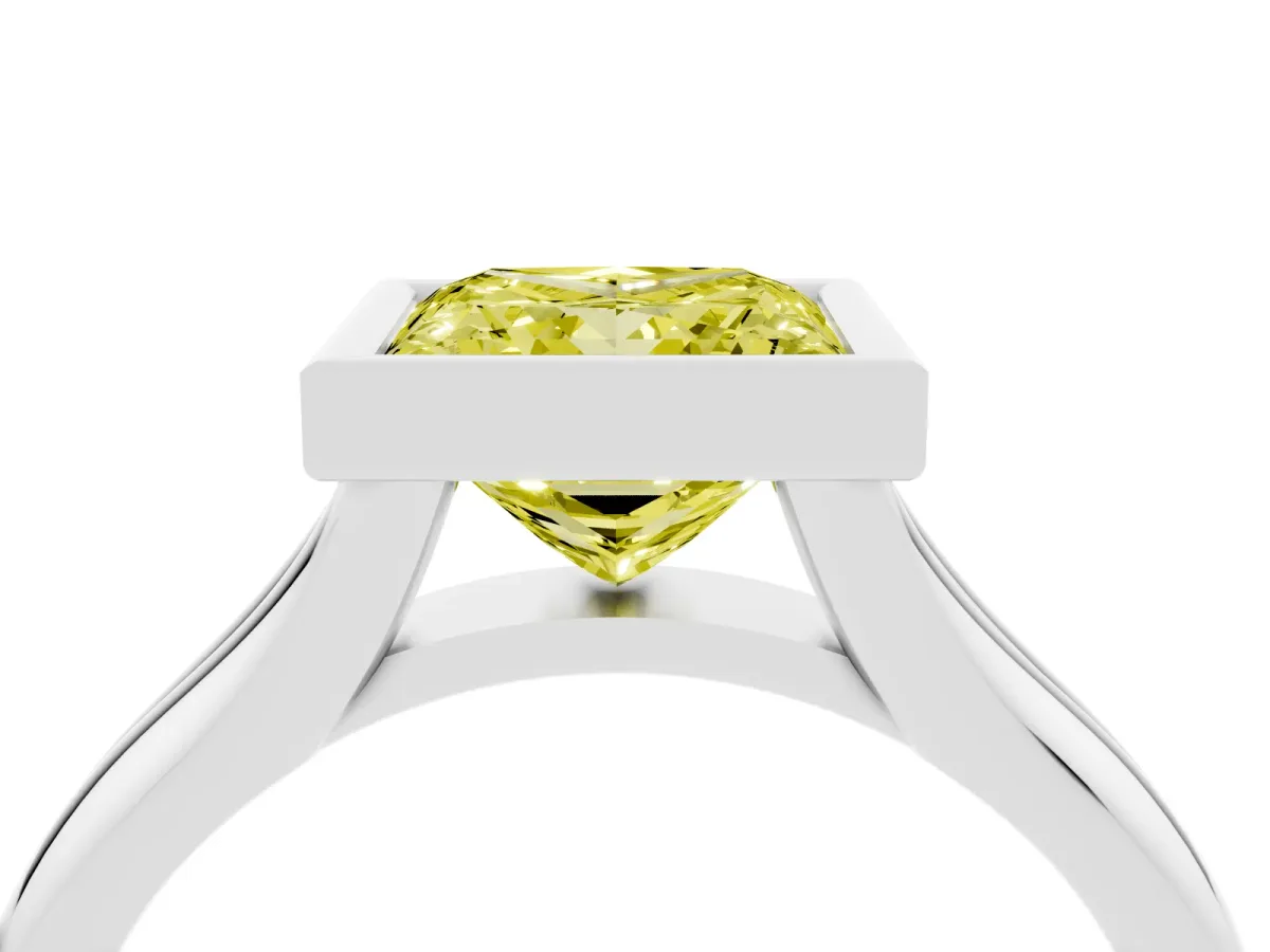 Fancy Yellow Bezel Set Princess Cut Solitaire Diamond Ring with Smooth Band Silver