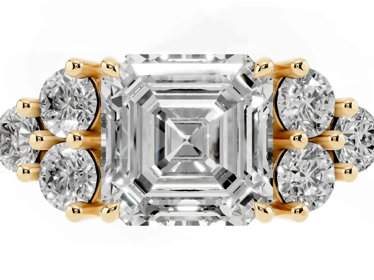 Asscher Cut Brilliant Diamond Cluster Accent Solitaire Ring with Prong Setting Yellow gold