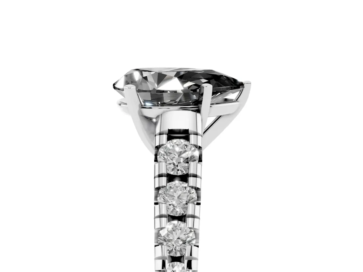 Fancy Black Pear Cut Diamond Cathedral Solitaire Ring with Round Pavé Band Platinum