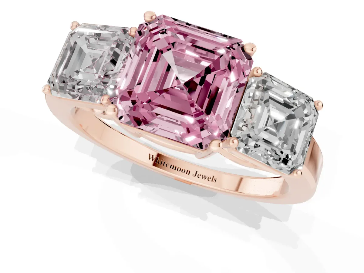 Fancy Pink Three-Stone Asscher Cut Cut Diamond Engagement Ring with Flat Band and Four-Prong Setting Rose gold