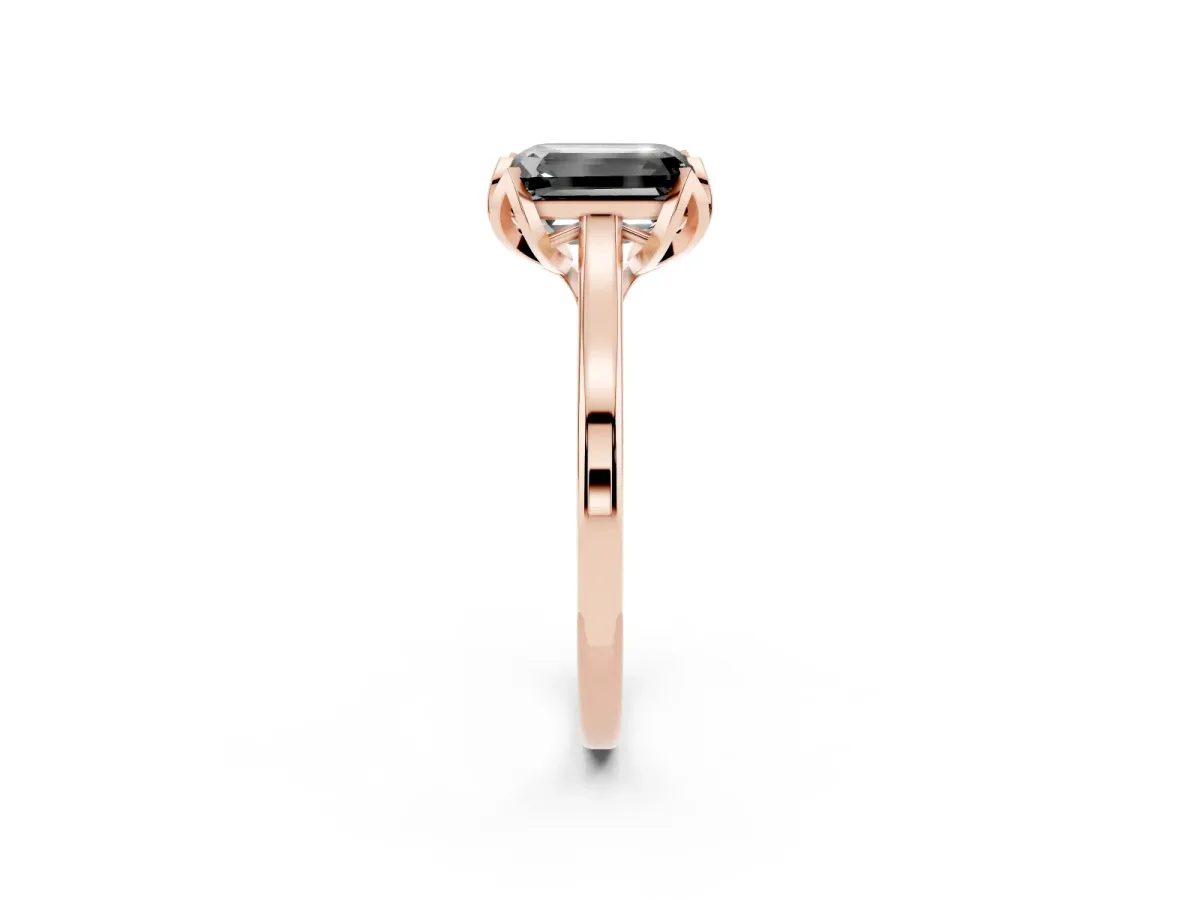 Fancy Black Emerald Cut Diamond Solitaire Ring with Flower Prong Setting and Classic Band Rose gold