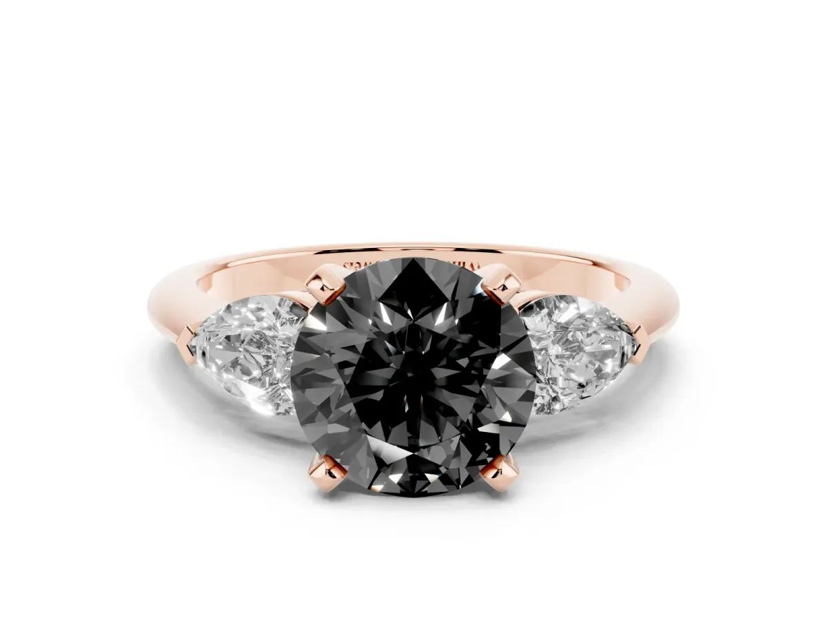 Fancy Black Three-Stone Round Cut Diamond Ring with Pear Side Stones and Four-Prong Setting Rose gold