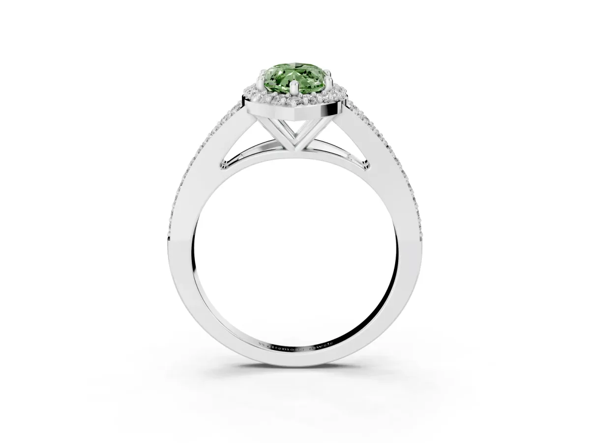 Fancy Green Marquise Cut Halo Split Shank Diamond Ring with Prong Setting Silver