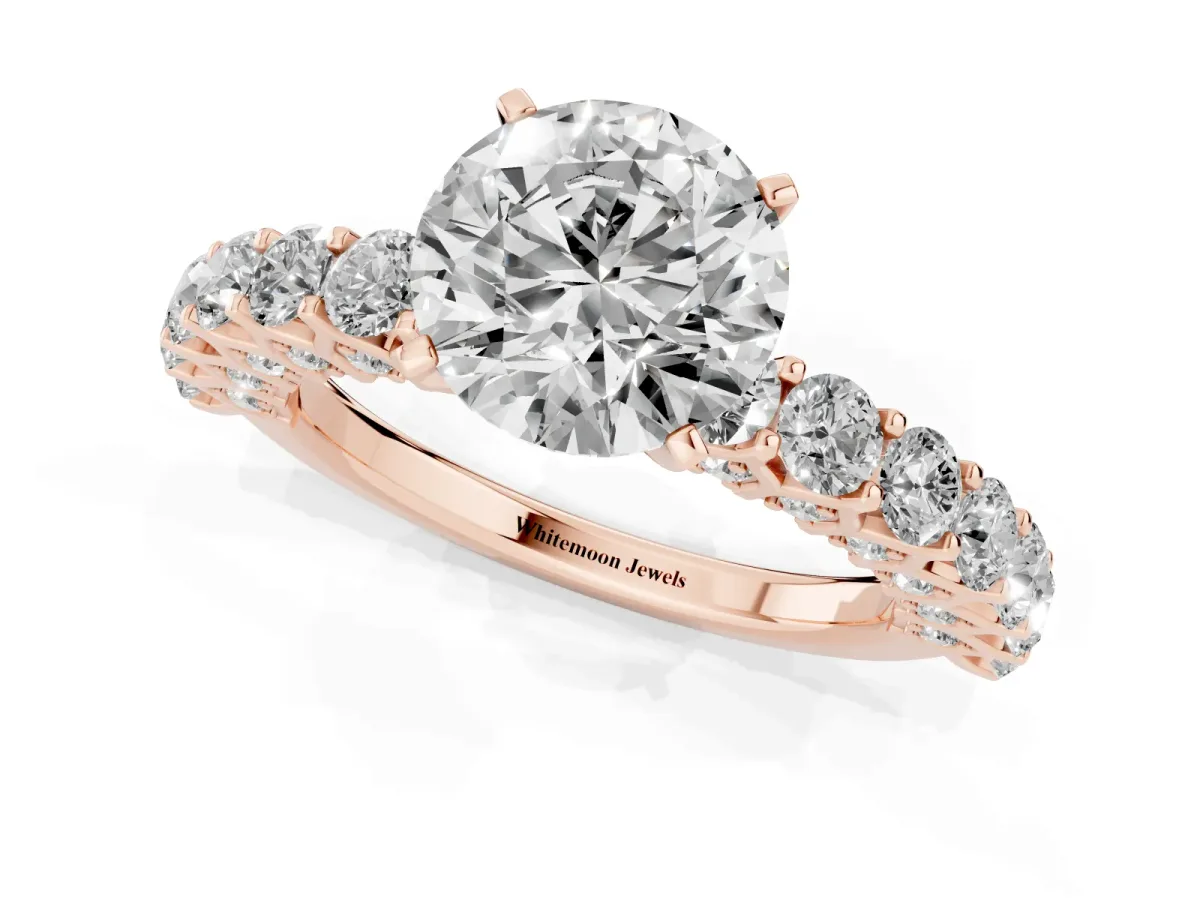 Round Cut Diamond Solitaire Ring with Shared Prong Pavé Band and Four-Prong Setting Rose gold