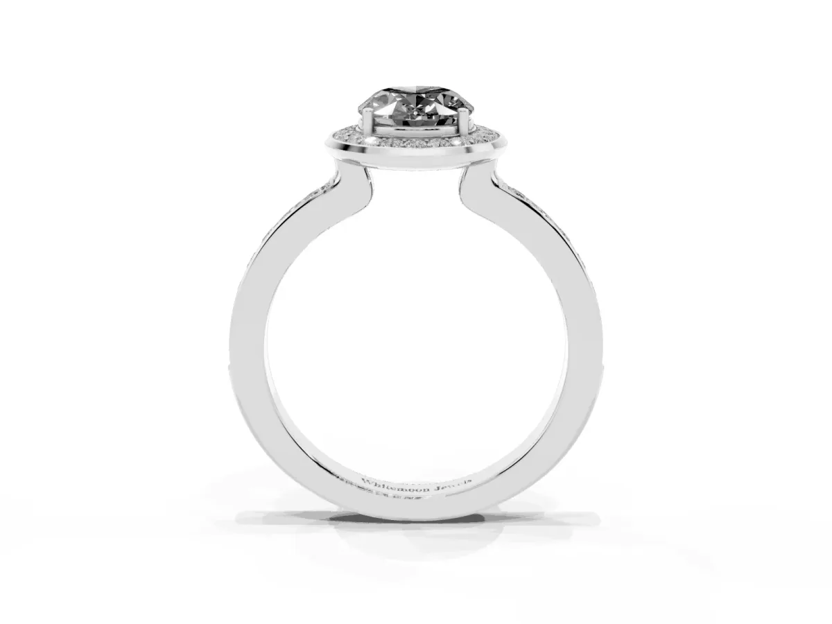 Fancy Black Oval Cut Diamond Halo Ring with Bezel Frame and Pavé Band Silver