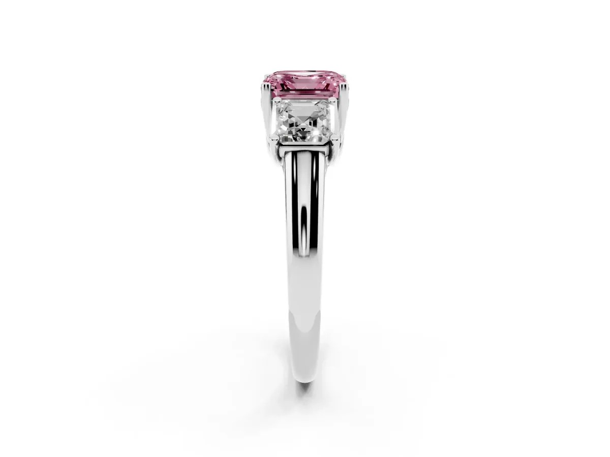 Fancy Pink Three-Stone Asscher Cut Diamond Engagement Ring with Prong Setting Silver