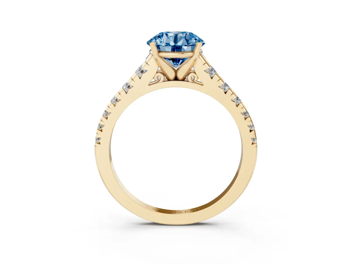 Fancy Blue Round Cut Diamond Cathedral Solitaire Ring with Round Pavé Band Yellow gold