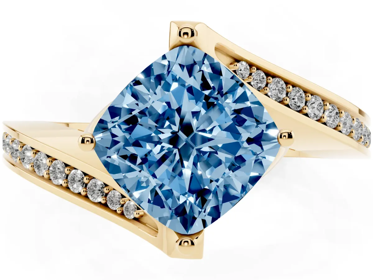 Fancy Blue Cushion Cut Solitaire Diamond Twist Band with Pavé Setting and Four-Prong Setting Yellow gold