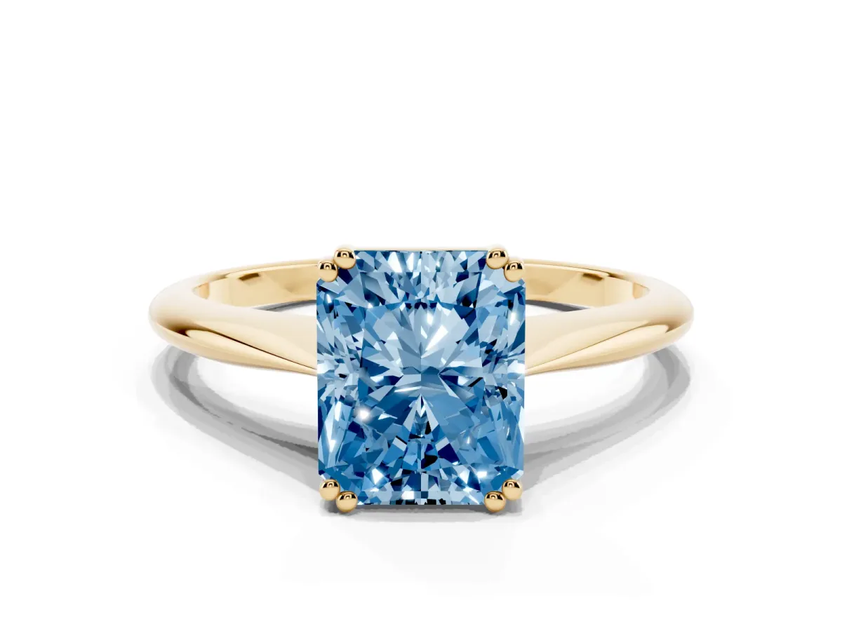 Fancy Blue Radiant Cut Solitaire Diamond Ring with Six-Prong Setting and Classic Band Yellow gold