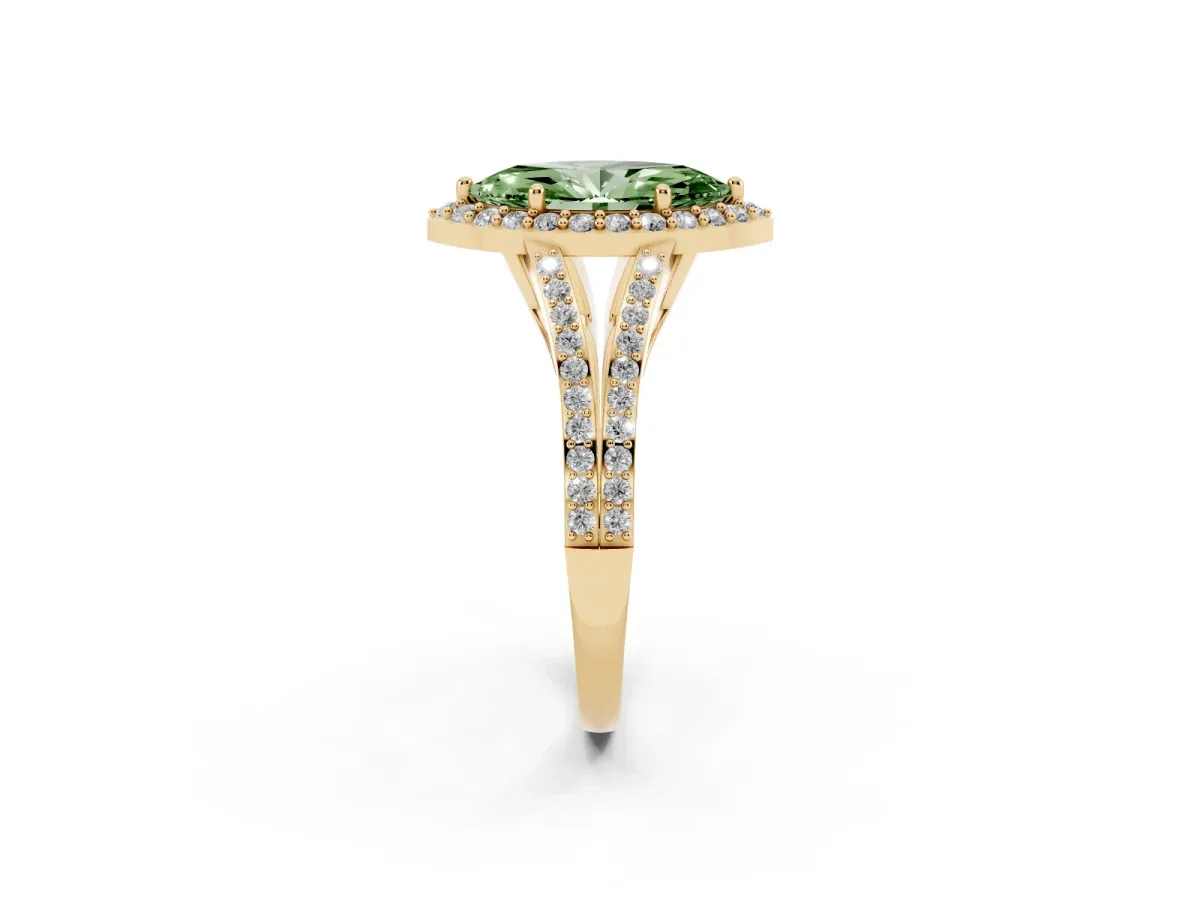 Fancy Green Marquise Cut Halo Split Shank Diamond Ring with Prong Setting Yellow gold