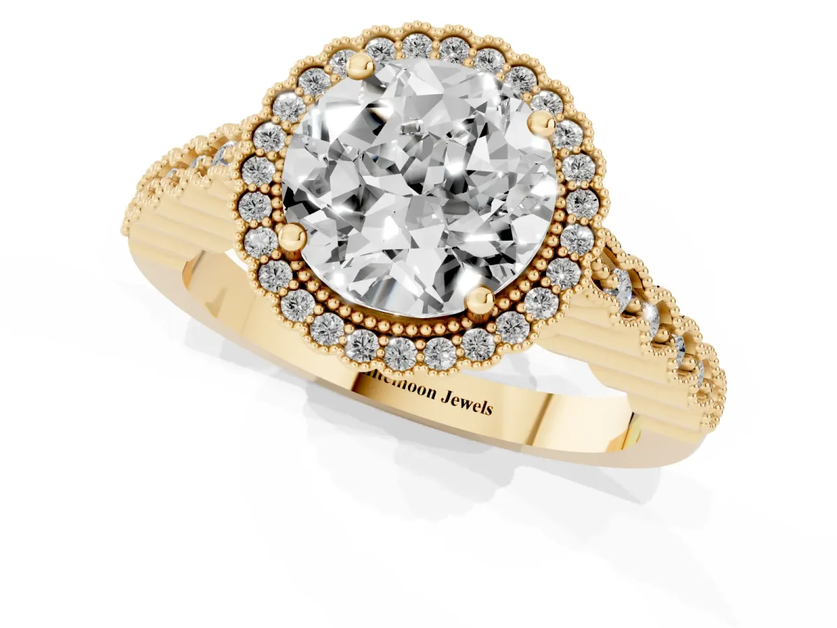 Round Cut Cut Halo Pavé Solitaire Ring with Milgrain Band Yellow gold