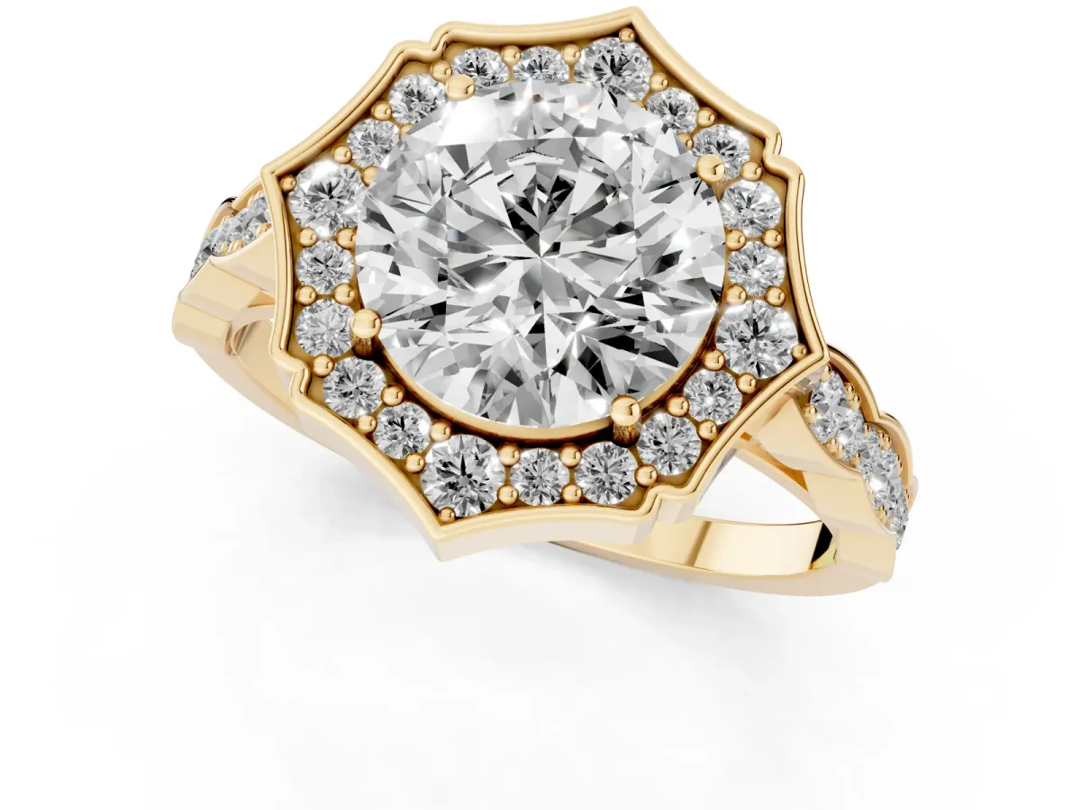 Round Cut Halo Diamond Engagement Ring with Milgrain Band and Four-Prong Setting Yellow gold