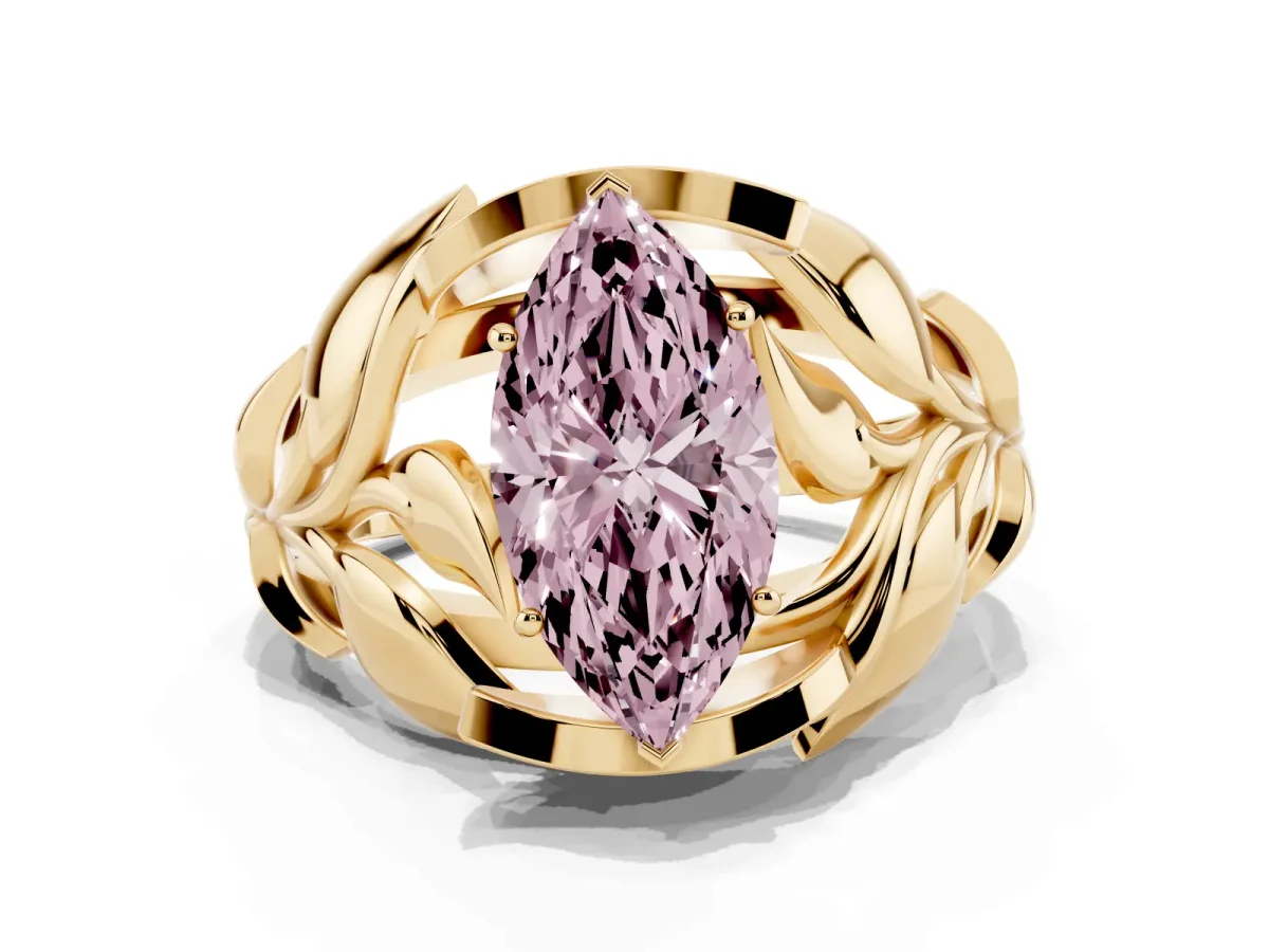Fancy Pink Marquise Cut Diamond Leaf-Inspired Engagement Ring with Round Accents and Prong Setting Yellow gold