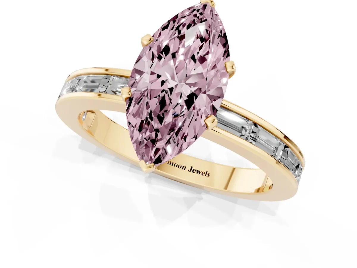 Fancy Pink Marquise Cut Solitaire Diamond Ring with Channel-Set Baguette Band and Four-Prong Setting Yellow gold