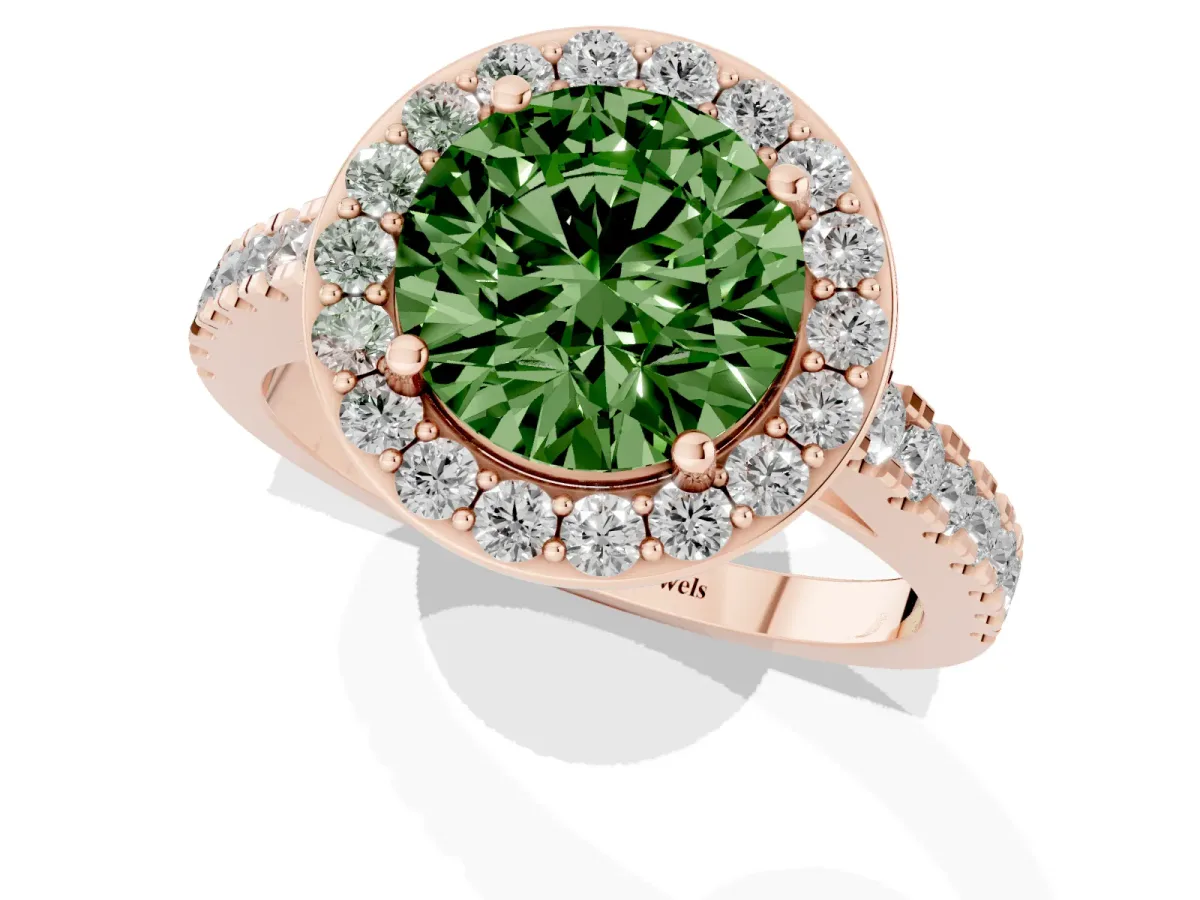Fancy Green Round Cut Diamond Halo Ring with Round Pavé Split Shank and Prong Setting Rose gold